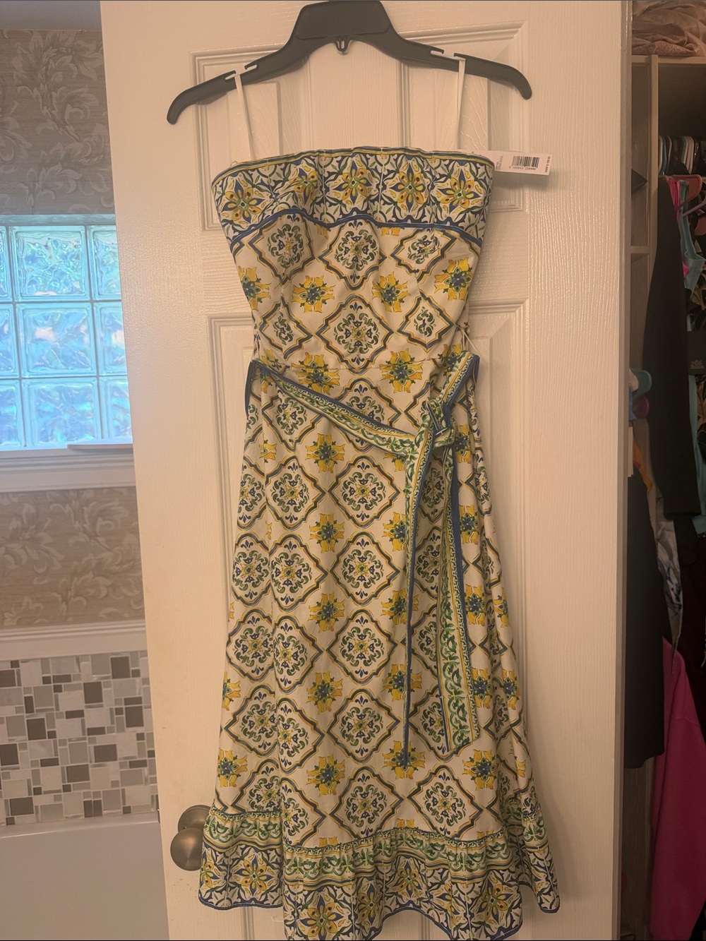 ANTONIO MELANI Yellow and Green Patterned Strapless Midi Dress